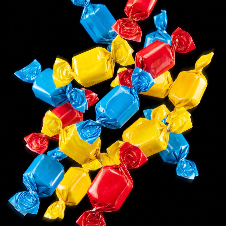 Brightly wrapped fruit chew sweets