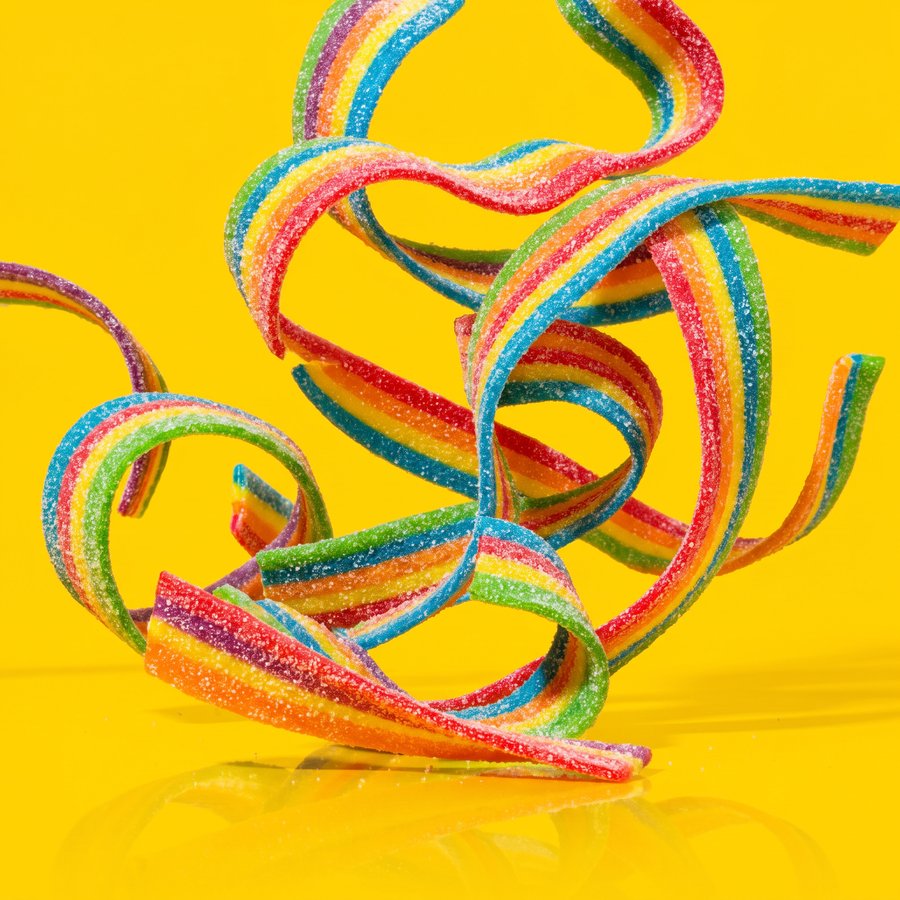 Rainbow sour belts looping like a switchback