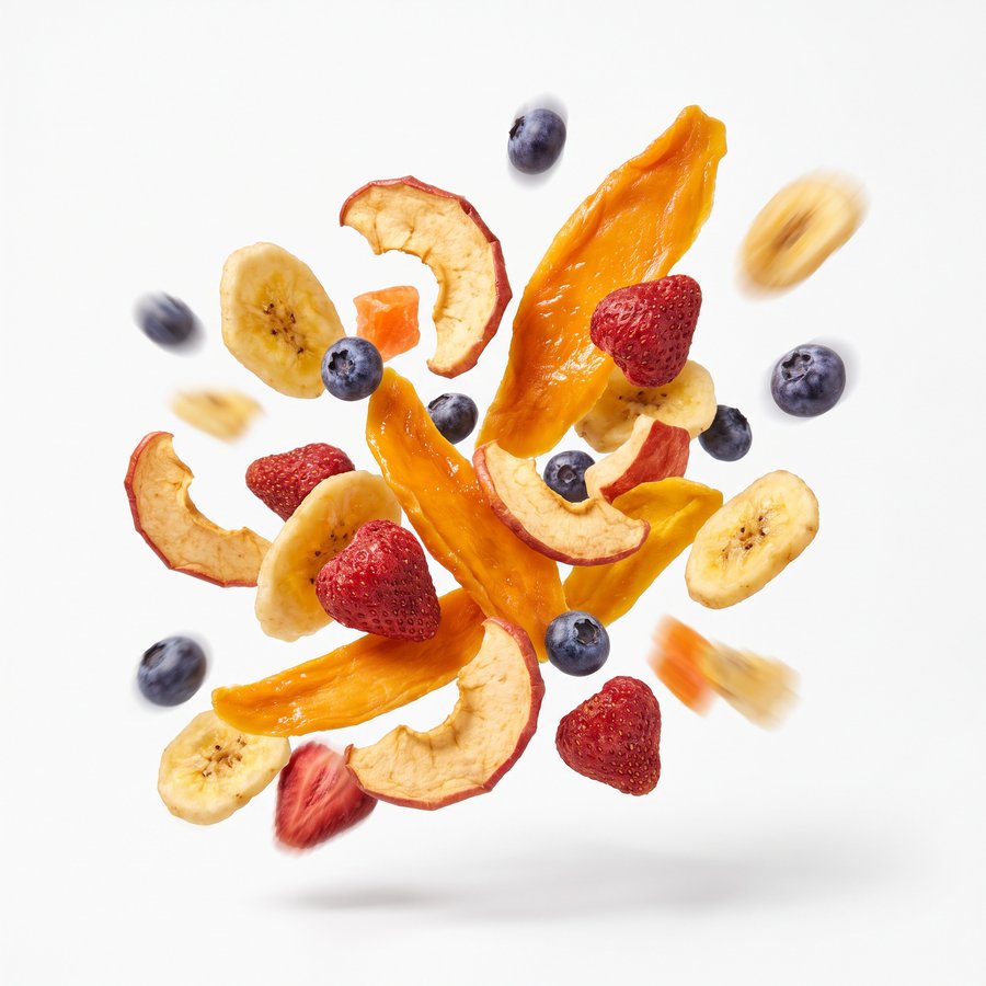 A scatter of dried mango, apple, banana and berries