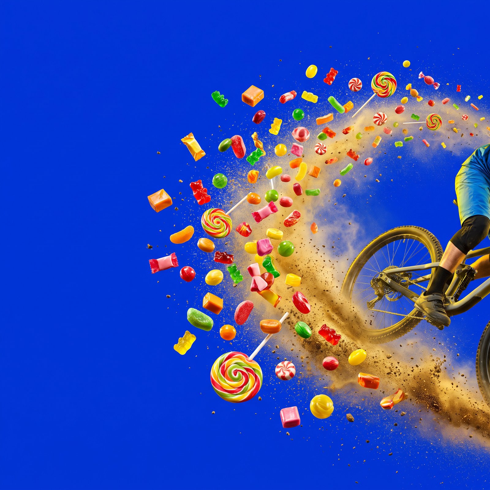 A mountain biker carving a berm, kicking up a spray of colourful sweets