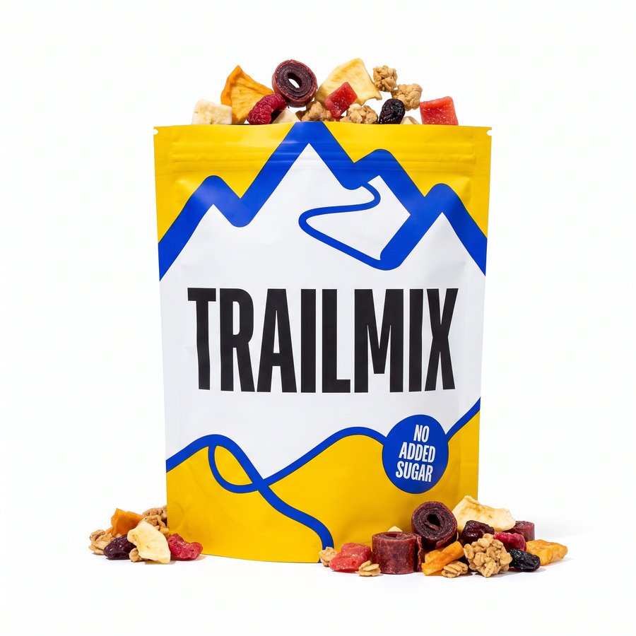 A yellow and white Trailmix pouch marked no added sugar with dried fruit